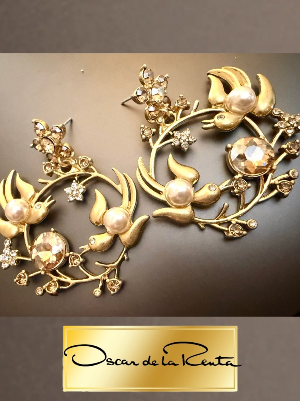 Oscar de la Renta Gold Bird Earrings ✨Crystal Flower / Pearl Hoop